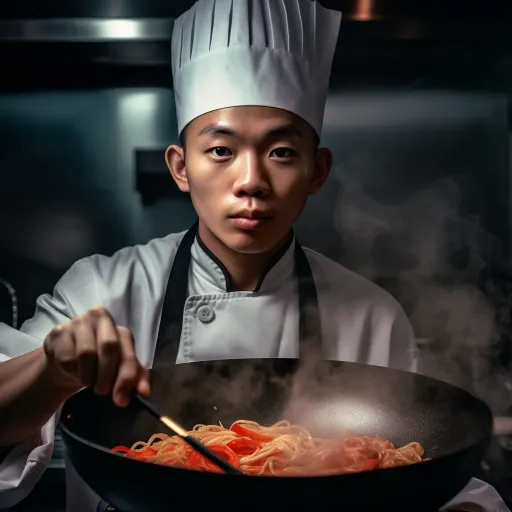 一位亚裔男性厨师正在商业炉灶上准备食物，以肖像画的风格拍摄，使用软光，manapunk，动态能量流，tokina at-x 11-16mm f/2.8 pro dx ii，环境意识，不可预测，Canaletto