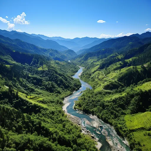 沿着一条溪流，有一条河流在流动，以真理主义的风格，山景，瑞士风格，天空蓝色和绿色，自然魅力，利用，rollei prego 90