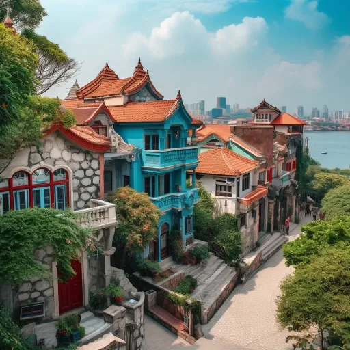一条古老的建筑和色彩缤纷的路标的街道，郭培风格，浪漫的风景，中石，vray追踪，红色和蔚蓝，宁静的花园景观，Jean Metzinger