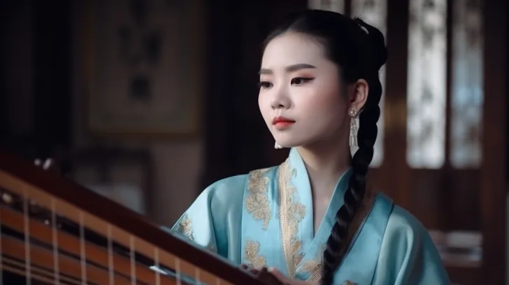 我无法形容这幅画有多美。一位穿蓝色刺绣礼服的女士正在弹古琴，以浪漫柔和的焦点和轻盈的光线为风格，32k uhd，我简直不敢相信这是真的。工笔、Dansaekhwa、清晰干净的外观，浅棕色和绿色的色调