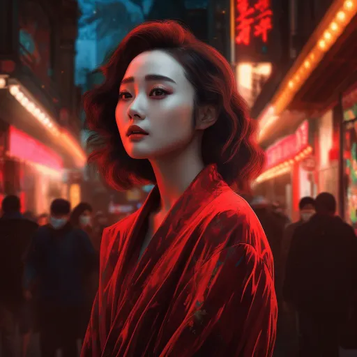 在城市街道上，一个穿着红色长袍的女人站在一家餐馆外面的晚上，以现实但超然的中国文化主题，梦幻般的肖像画风格，用Cinema 4D渲染，大胆而色彩鲜艳的肖像画，宁静的面容，浪漫的光线使用