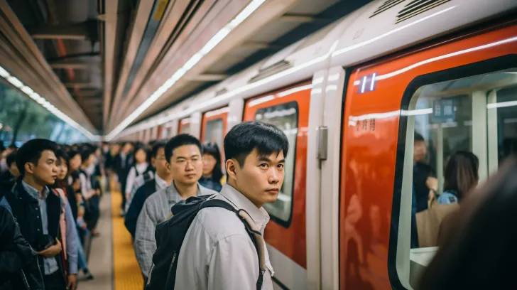 地铁站台上，人们等待的行人，亚洲风格的、、柔和的焦点、浅红色和白色调、男性、运输核心、本土文化、ISO 200为特色