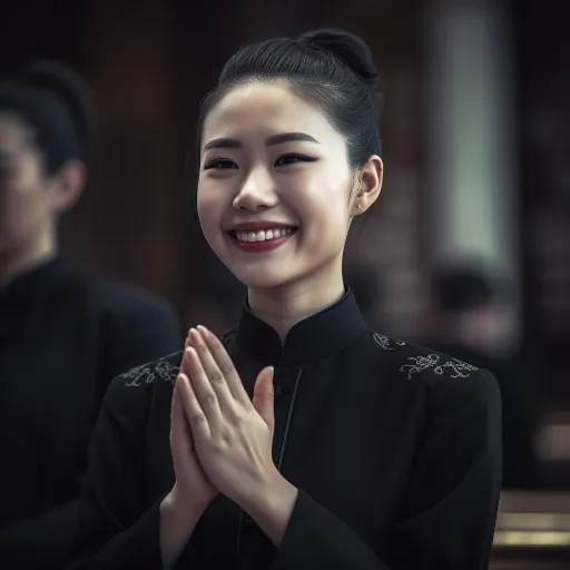 在风格类似于奥利弗·瓦塞奇、萨巴蒂尔效应、佳能5D Mark IV、新写实主义、竞赛获胜者、何佳英、美学运动的背景下，一位年轻女性正微笑着祈祷着，参加祈祷仪式。她是一位来自亚洲的美丽女性，穿着时尚的衣服，留着长发，眼睛里闪烁着光芒。她看起来非常虔诚，全神贯注地祈祷着，她的表情非常动人，让人感到温暖和安慰。整个场景充满了神秘和神圣的氛围，让人感到敬畏和宁静。这是一幅非常美丽的画面，让人感到心旷神怡