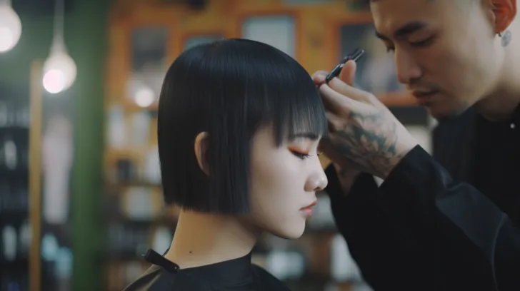 将一个美丽的男性造型师剪一个女人的头发，以 Wong Kar-wai 的风格，UHD 图像，Kawaii 风格，Janice Sung，深灰色和黑色，柔软的现实主义，8K 分辨率