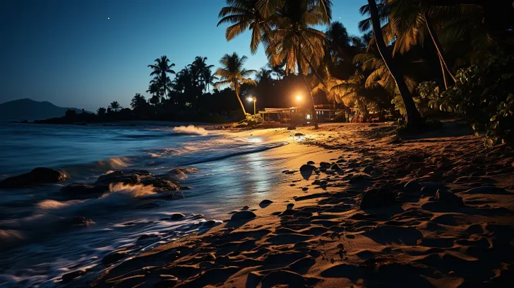 在夜晚，一个荒无人烟的海滩上，有棕榈树、大海和波浪，以vray tracing的风格，结合afro-colombian主题，采用backlit photography、cabincore、romantic riverscapes、light amber和azure的色调，以及旅行的元素