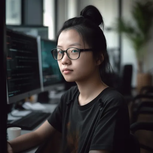 “一位坐在桌子前的女性亚裔程序员，两台显示器，风格类似于莫里迪灯光”