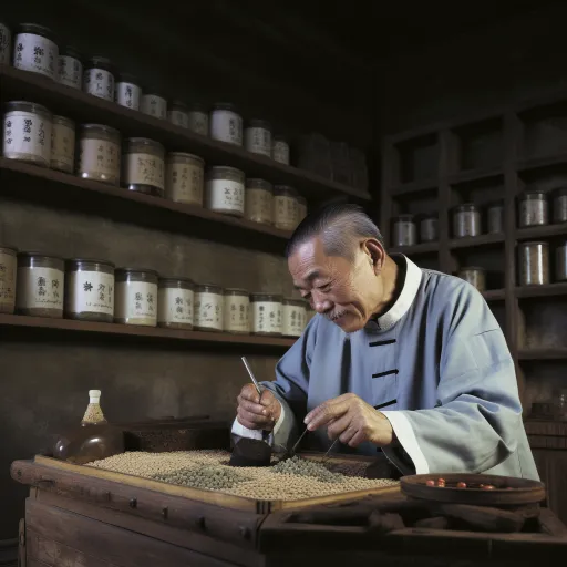 一位站在一排罐子前面的男人，以传统技术风格，使用Pentax SMC FA 31mm f/1.8 AL Limited相机，Bo Chen，Barthel Bruyn老年人，Herb Trimpe，使用珍贵材料，民艺