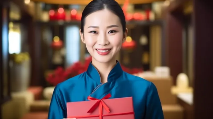 一种风格为儒家思想的中国女性，穿着白色衬衫，手捧蓝色礼品盒，面部特征鲜明，大胆的色彩组合，原始的真诚，惠勒风格，节日气氛，彩色化的照片