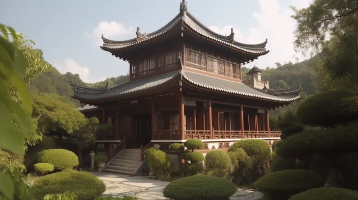一个位于花园中的中国寺庙，以32k UHD的风格呈现，呈深棕色和灰色，现代主义建筑风格，庄严宏伟，富有层次感，历史影响，线条流畅