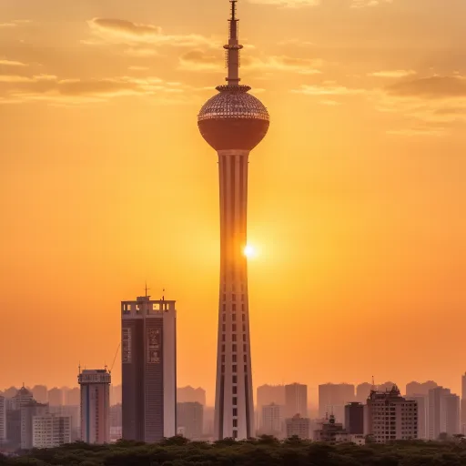 将一张夕阳下的建筑图片与电视塔结合在一起，以Samyang AF 14mm f/2.8 RF的风格呈现，以东周时期的中国风格进行后期处理，以橙色和银色为主色调，营造出庄严、宏伟的氛围，以鸟瞰视角呈现