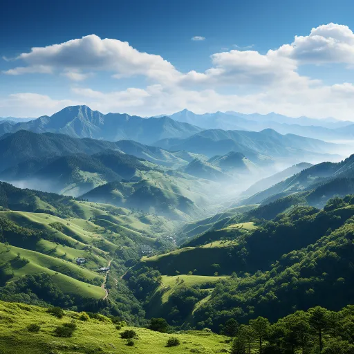绿色的山丘上有高耸入云的山脉，远处有异国情调的为风格，8k，国家地理照片，浪漫的河景，vray tracing，缅甸艺术，瑞士风格