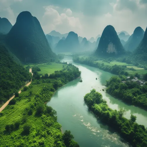 中国的一条风景如画的河流和山脉，以浅绿色和海军蓝色为主题，融合哥特式浪漫主义风格，采用创作共用许可，柔焦效果，交错的建筑结构，深红色和白色，宁静的园景