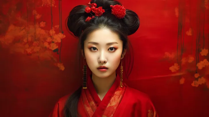 一位中国女性手持一件红色长袍，在红墙上摆姿势，以柔和聚焦浪漫主义风格展现，细致的面部特征，韩流风格，丰富多彩的服装，沙龙风格，带有隐藏意义的肖像画，比赛获胜者