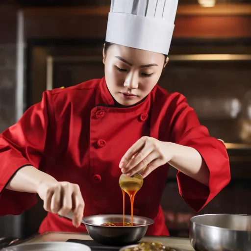 现代女性亚洲厨师正在厨房里准备酱汁，背景是黑色的，以赵超的风格，多层叠加