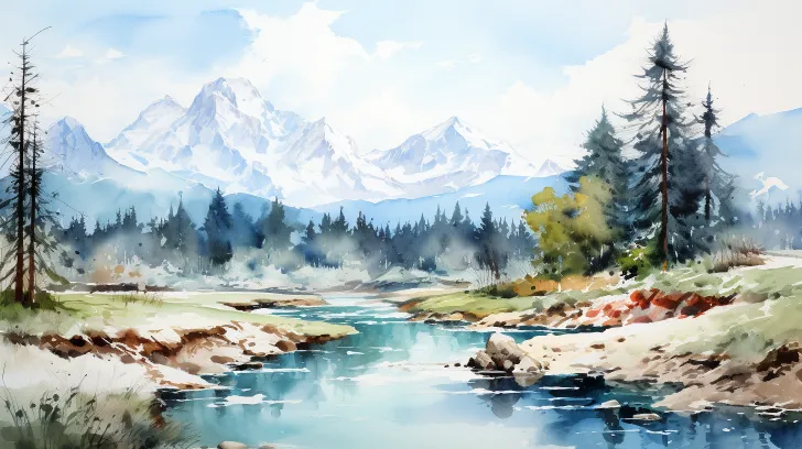 水彩画《喜马拉雅山脉的水景》：在喜马拉雅山脉的山峰之间，一条清澈的山溪穿流而过，树木掩映在山间，远处的雪山在阳光下熠熠生辉。这幅画以喜马拉雅艺术的风格，细腻地描绘出喜马拉雅山脉的壮丽景色