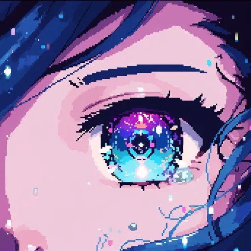 将一个动漫角色和她的眼睛周围点缀着星星，以油漆滴落技巧的风格，以像素化、天蓝色和紫色为背景，以动画GIF的形式呈现，以眨眼即逝的细节为特色，具有未来现实主义和水滴效果