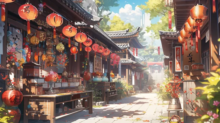 在一个充满灯笼和砖块的亚洲街道上，以Kawasey风格的软渲染，Loish的柔和色调，Vibrant Airey场景，Physically Based Rendering，Cabincore和Realistic Color Schemes为特色