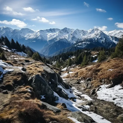 一个有雪的山谷和山脉，有一条河流，以8K分辨率、环境肖像的风格拍摄，有斑驳的光影效果，使用70毫米镜头，淡青色和琥珀色调，由Laurent Chehere拍摄，呈现出异国情调的风景