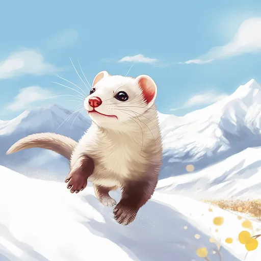 一只白色的 ferret 正在雪地上奔跑，以扁平插图、山脉景观、图形小说风格的插图和插图风格呈现