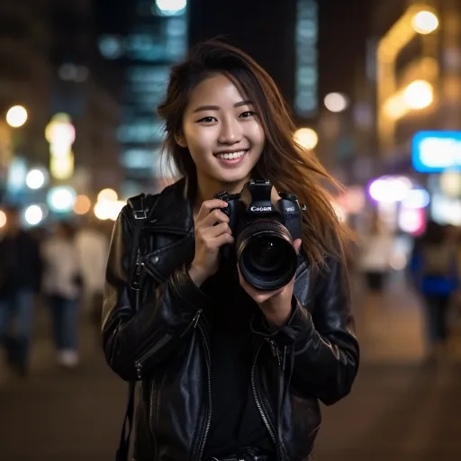 一个年轻的亚洲女性拿着一台黑色相机站在夜晚，以Samyang AF 14mm f/2.8 RF的风格拍摄，街头场景，软盒灯光，Oshare Kei，Helios 44-2 58mm f/2， edgy，Sung Kim 的风格