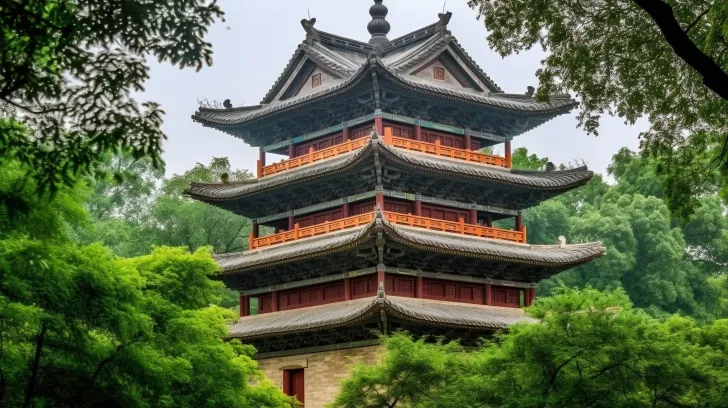 在一片树木和鲜花的簇拥下，一座大型宝塔矗立在中国乡村的风格中，浅绿色和深灰色相间，传统服装，深紫色和深橙色，pentax 645n，纪念碑式的建筑，古老的迷人魅力