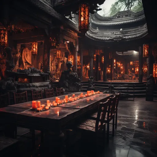将一个山洞里的客厅布置成红色皮沙发和灯具的风格，以油画的质感，梦幻的氛围，生动的酒吧场景，丛林core，概念装置，东方，氛围城市景观等元素呈现