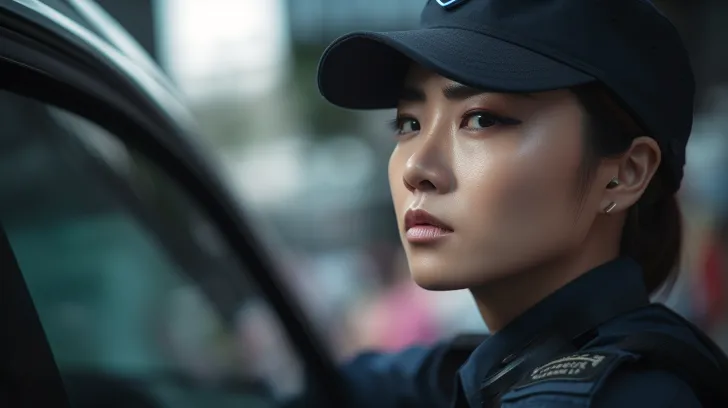 一位身着制服的亚裔女子坐在她车旁，以强烈的近距离特写镜头呈现，采用黑与蓝的色调，柔和的焦点技巧，英俊的单色大师，十波，女性奢华