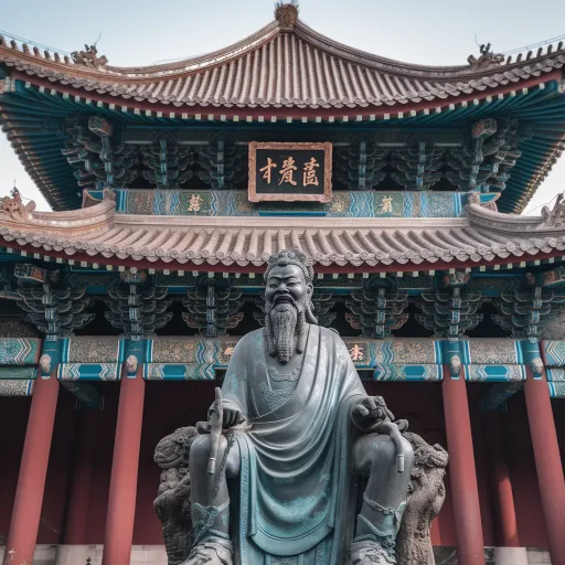 这座寺庙前的这座皇帝雕像，以孔子思想的风格，采用浅绿和深灰的色调，采用tokina at-x 11-16mm f/2.8 pro dx ii拍摄，采用uhd图像，高质量照片，具有东方风格，弯曲的木头制作