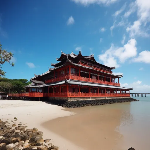 这是一幅日本文艺复兴风格的海滩上的红色建筑，水边的天空是浅蓝色和棕色的，画质为32k UHD，画中的建筑是古印度帝国的建筑风格，画中的植物是唐波基风格，画中的建筑风格受到禅宗佛教的影响，具有历史意义