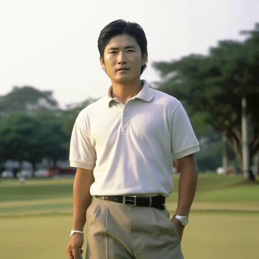 一位穿着棕色衬衫和裤子的男人，风格类似于Ricoh FF-9D，富有肖像摄影感，光线明亮且略带白色和浅绿色，受亚洲启发，关联新闻照片，Konica Big Mini，男性化