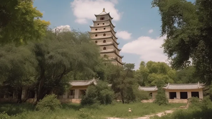 一座寺庙和古代中国塔庙的户外风景，以富士胶片 Pro 800z、32k UHD、深绿蓝色和深灰色为风格，巴特尔·布鲁因（Barthel Bruyn）是老年人，新古典主义，商朝，可爱