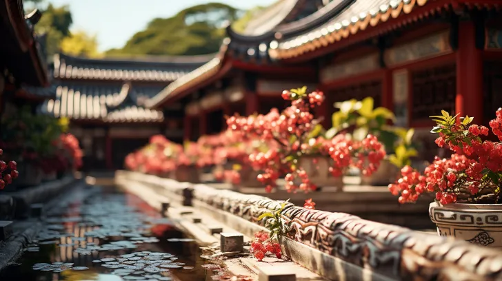 在日式风格的大型门廊下，有一座寺庙，以bokeh全景、花卉和自然图案、日本摄影、ray tracing、梯田城市景观、浅红色和海蓝色为特色，使用佳能50mm f/0.95镜头拍摄