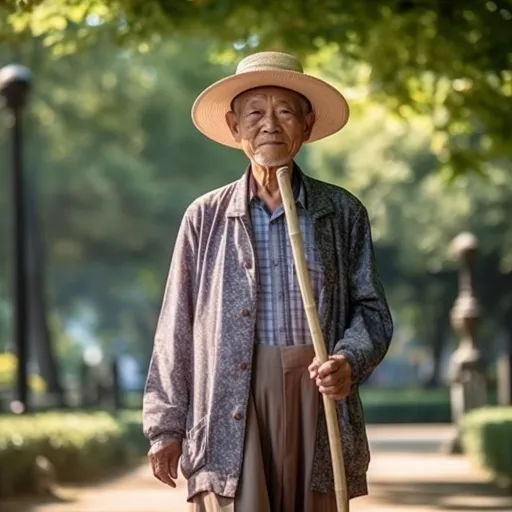 一个老年人在公园中散步，以tokina at-x 11-16mm f/2.8 pro dx ii、wes anderson、邱胜贤、james tissot、超写实肖像、历史准确、优雅的姿势的风格