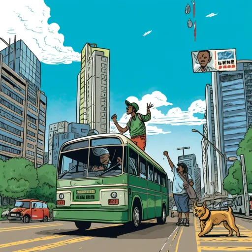 男人和狗乘坐一辆绿色公交车，在超现实主义漫画风格中，采用被吹飞的屋顶透视法，年轻的主人公，以图解叙事为特点，受漫画启发，强调情感胜过现实主义，工笔画风