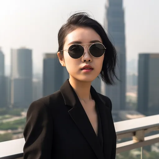 在城市地区的照片中，一位穿着黑色西装和太阳镜的亚裔商业女性，以宋朝宫廷画风的8k分辨率呈现，呈现出一种男性化的、Onii Kei的、monochromatic harmony的、Oshare Kei的、Sony Alpha A1的风格