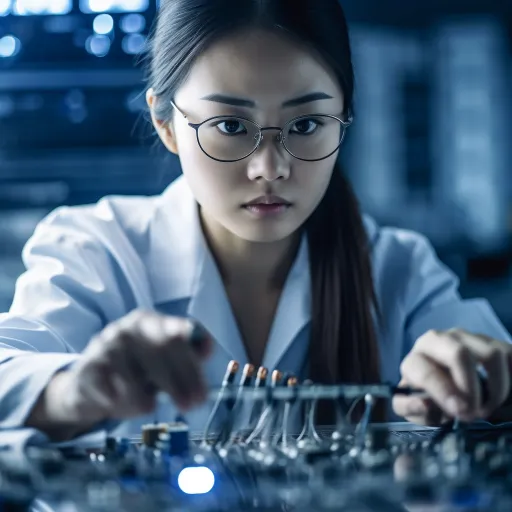 一名亚洲女性工程师正在从事电子产品电路板的工作，以C Mount镜头的风格，数字艺术技巧，美国巴比松学校的风格，安静的内省，眨眼之间就会错过的细节，消费文化批判，白色和海军蓝