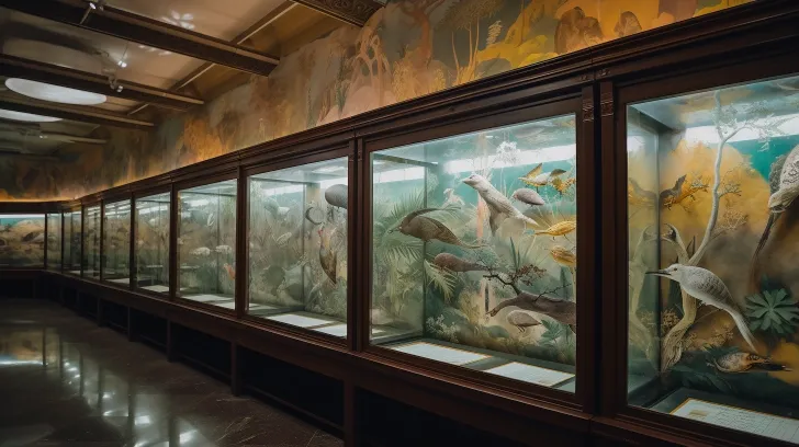 许多展示柜中的动物、海洋和水生生物，以金·基弗的风格，深蓝绿色和浅琥珀色，平安时代，彼得·布鲁盖尔老年人，氛围和情绪的照明，大辅清二的重复