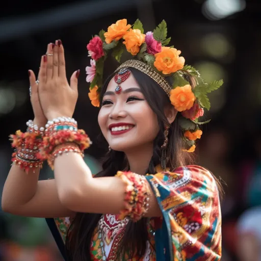 一位穿着传统服饰、手持鲜花鼓掌的女性，以多彩服装的风格，卡伦风格，面部特征细致，生动的画面，国家地理摄影，浅橙色和深绿色，抽象表现主义
