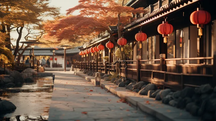 一个日本风格的景象，餐桌上挂着红灯笼的餐馆林荫道，在美丽的秋景中，使用vray追踪技术，水面闪烁的倒影，蔚蓝色的宙斯巴蒂斯18mm f/2.8镜头，民居建筑，橙色和金色，细腻的色彩