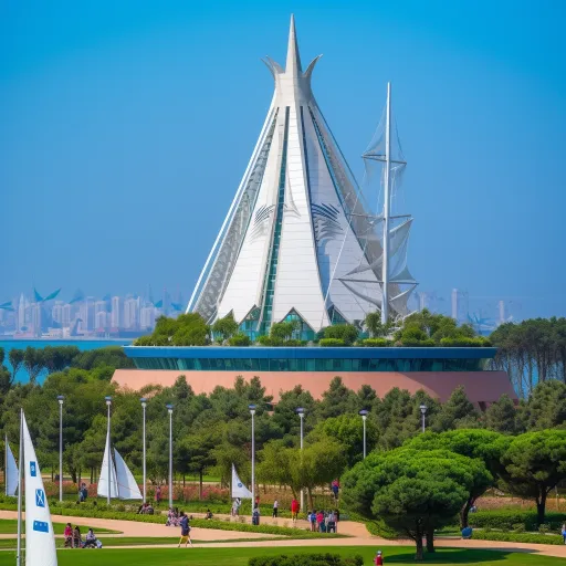 城市纪念碑上有帆船，矗立在草地上，以未来主义建筑风格设计，摄影师为穆萨·阿尔哈利扬，摄于宁波奉化中，使用尼康D750相机，C口镜头，菲拉尼亚P30胶片，引人注目