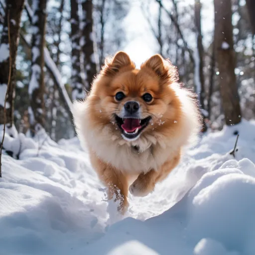 这是一张pomeranian狗在树林里跑步的照片，拍摄风格类似于雪景，照片使用了provia胶片，由john wilhelm拍摄，使用了orange和amber色调，以及tokina at-x 11-16mm f/2.8 pro dx ii镜头，使用了cranberrycore和wiesław wałkuski的后期制作