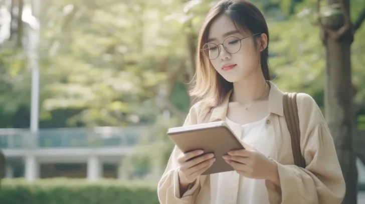 将一个年轻的亚洲女性拿着一本书阅读的场景，以32k UHD， bokeh， oshare kei， charming sketches， the vancouver school， realistic yet romantic，ue5的风格呈现