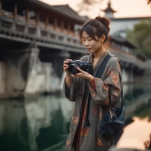 一位女性正在河边拍摄一家亚洲餐馆的照片，以梦幻肖像的风格，罗登斯通imagon 300mm f/5.8的风格，受到民间故事、新Geo和照片现实主义技巧的启发，以灰色和深红色调拍摄，唐宋时期风格