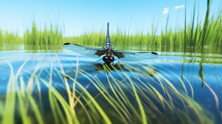 dragonfly坐在水面上的草地上，以真实细节渲染的风格，带有条纹，使用photorealistic accuracy，vray，light green and black，photo-realistic techniques，realistic rendering技术，清晰度高，细节丰富，逼真度高