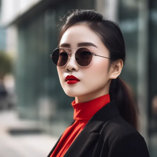 一个戴着太阳镜的年轻女子和一只小狗的肖像，美丽的画面，以三阳AF 14mm f/2.8 RF的风格呈现，深红和深褐色，简约而优雅的风格，镀铬，街头灵感，钱选，大胆的阴影