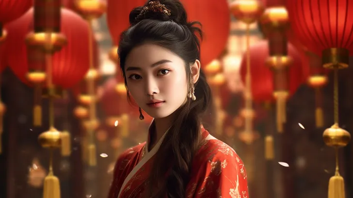 dxilu hsuen是蓬鹿王国中一位神秘的年轻女子，以8K分辨率、精致的照明、超高清图像、浅橙色和深红色为风格，灯光柔和，灯光聚焦，托马斯·本杰明·肯宁顿风格