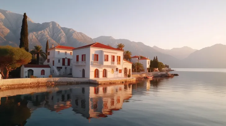 这是一张关于kotor island house孤立的照片，使用了反射和镜像的风格，UHD图像，lovis corinth，光线红白，fujifilm x-t4，柔和的pastel天空，光线珊瑚和红色