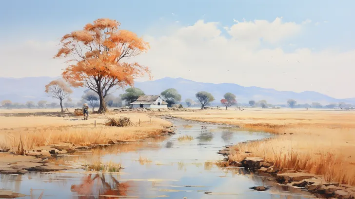 在河流与山脉背景的水彩山水画中，以精致的水彩技法描绘田园风光，简洁的笔触，pentax 645n相机，精确绘画