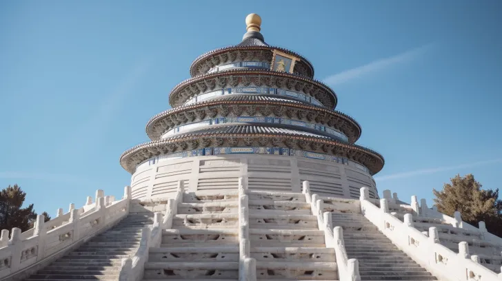 在地面上，以浅灰色和深蓝色为基调，以中国传统寺庙的风格，设计有台阶式的入口，32k UHD的圆形形状，高质量的照片，精美的刺绣，多种文化元素，伊斯兰艺术和建筑