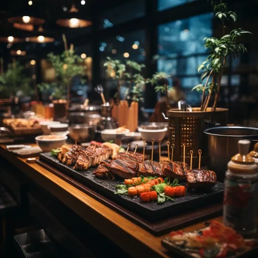 在一家餐馆里，用日式摄影风格拍摄一张大型食品柜台的照片，使用柔和的照明，橙色和琥珀色，使用sony fe 12-24mm f/2.8 gm镜头，精湛的照明技巧，使用duckcore风格，以及日本风格的元素